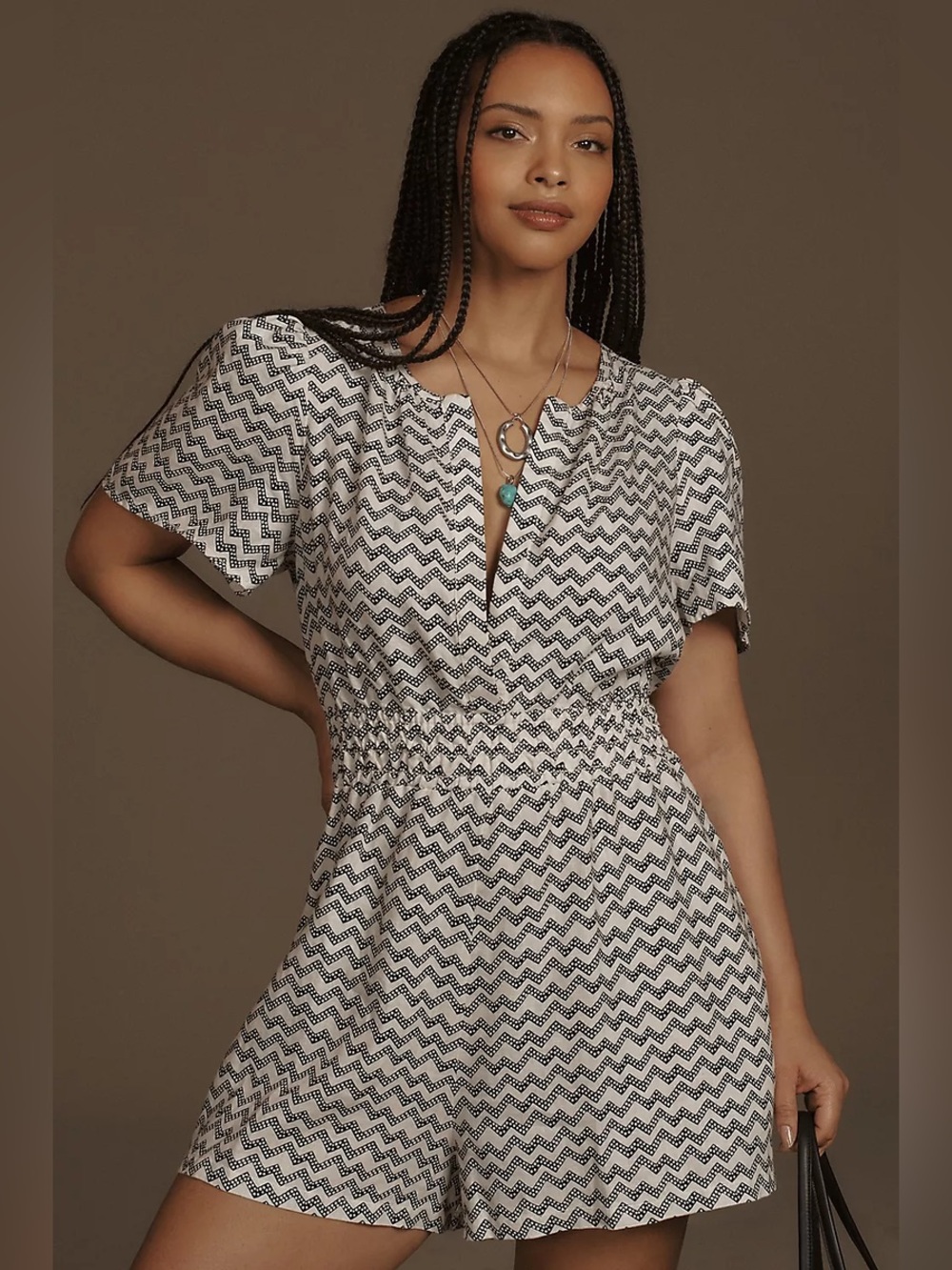 Anthropologie The Somerset Romper: Linen Edition in Black and White Chevron